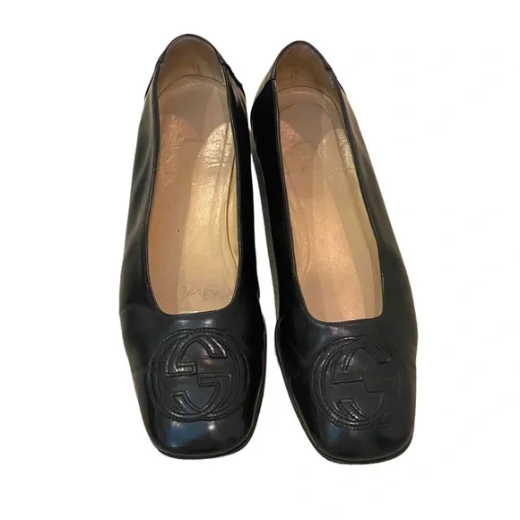 Gucci black flat pumps ballet square toe interlocking GG 8.5 leather